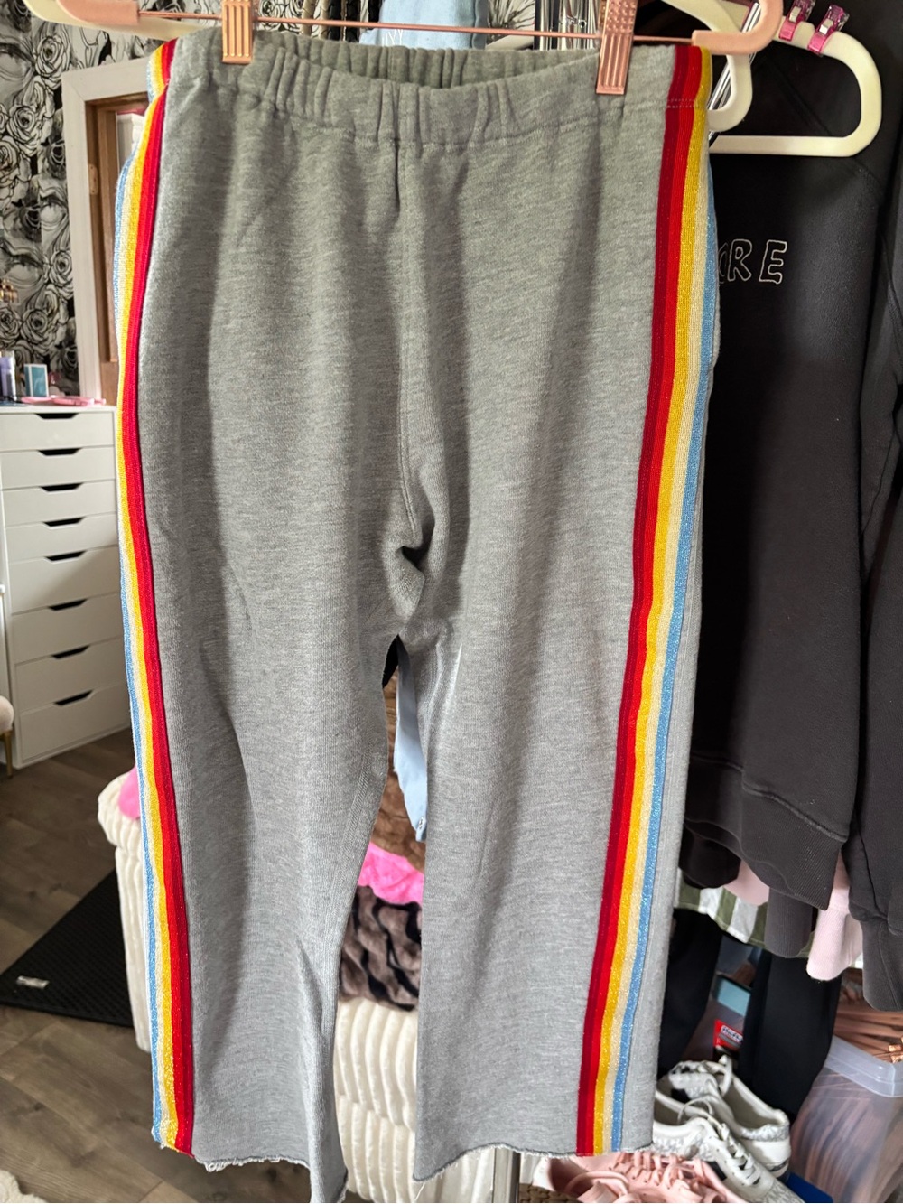 Spiritual Gangster Grey Cropped Sweat Pants with Rainbow Side Stripes